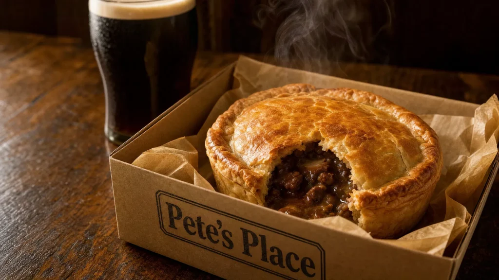 Golden NZ-style steak pie in a Pete's Place takeaway box